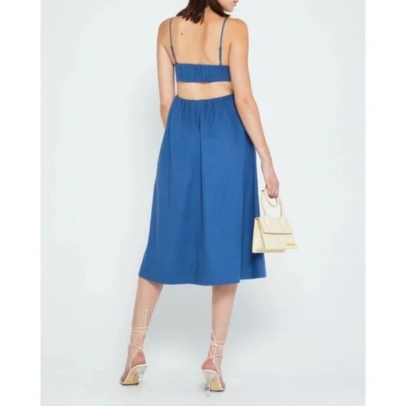 O.P.T. Havana Linen Blend Midi Dress M Blue Spaghetti Strap Cutout Back Boho - Picture 2 of 12